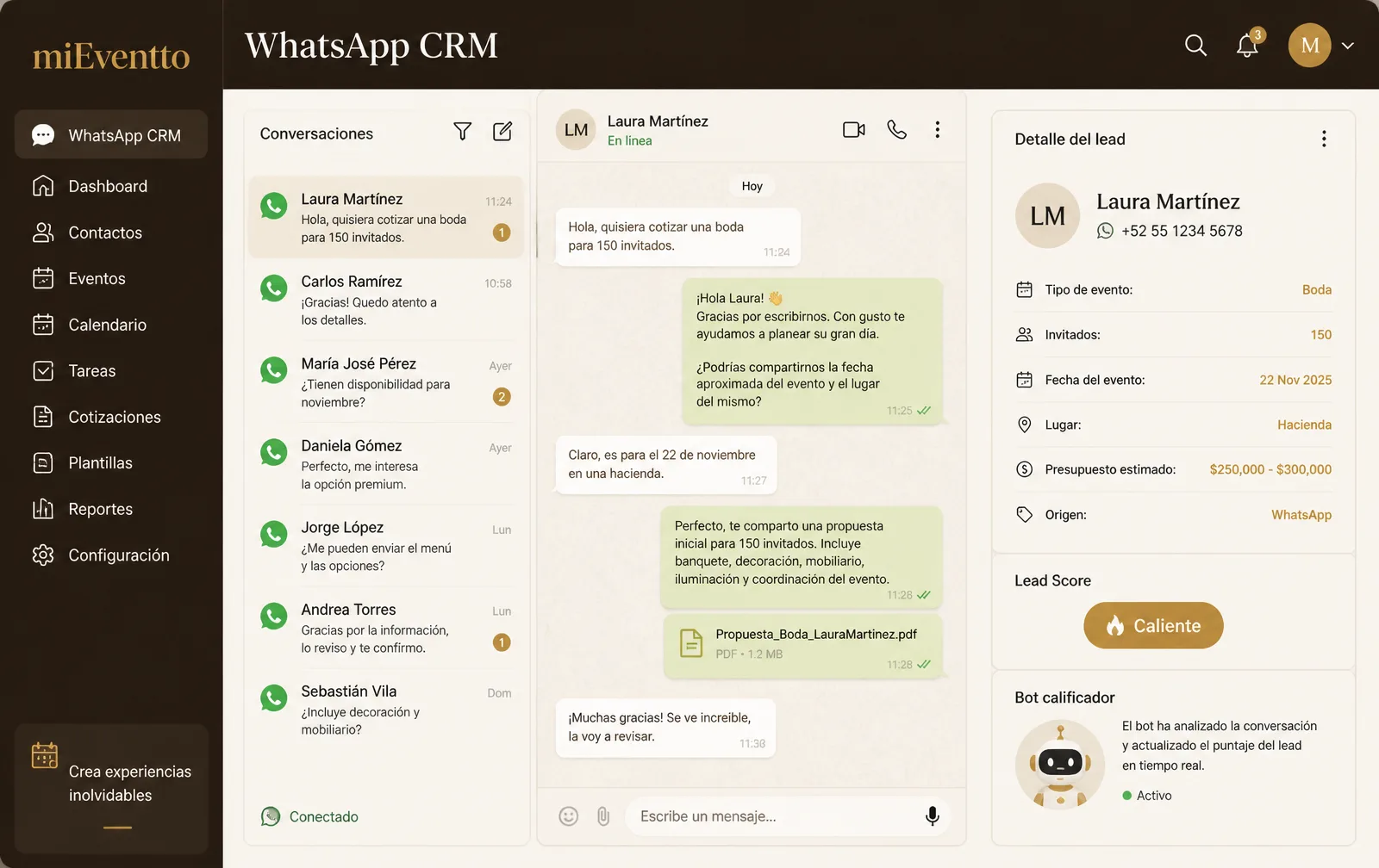CRM con WhatsApp multiagente y robot que filtra leads: así funciona en miEventto